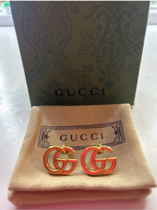 Gucci Jewelry - Gucci Gold-Tone Double G Enamel Red Stud Earrings